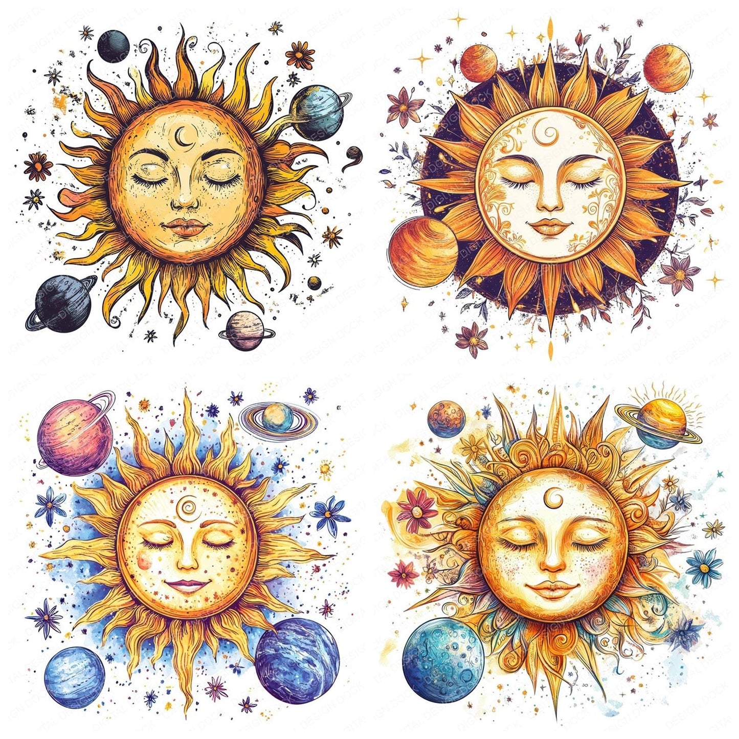 Sun Face with Orbiting Planets Clipart Set (DDD006677)