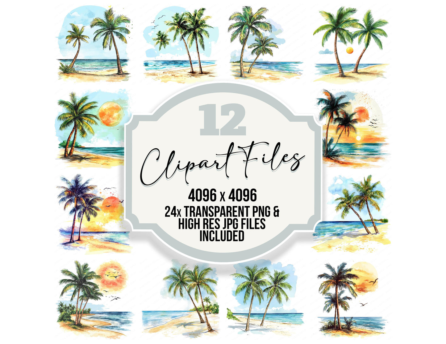 Sunny Beach Palm Trees clipart set with transparent PNGs and high resolution JPGs for crafting and design projects