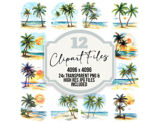 Sunny Beach Palm Trees clipart set with transparent PNGs and high resolution JPGs for crafting and design projects