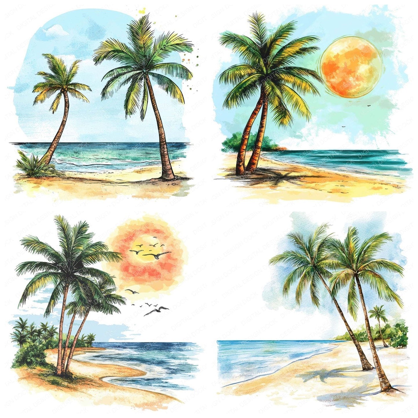 Sunny Beach Palm Trees Clipart Set (DDD006682)