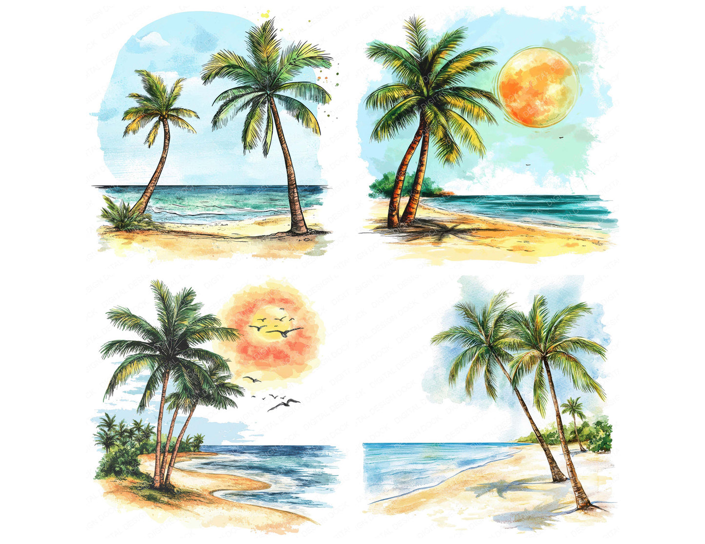 Preview layout showing Sunny Beach Palm Trees clipart elements for scrapbooking, junk journals, and card making