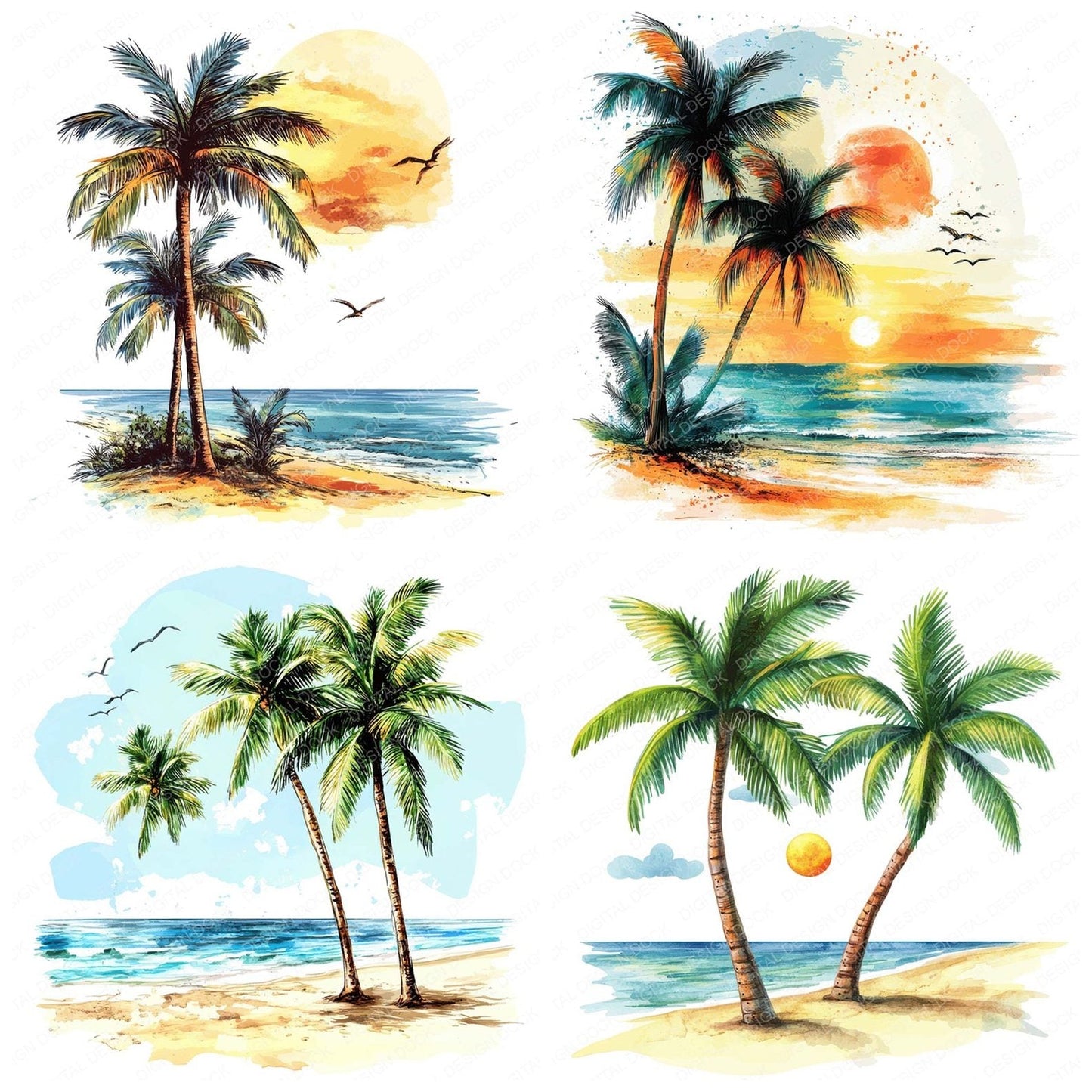 Sunny Beach Palm Trees Clipart Set (DDD006682)