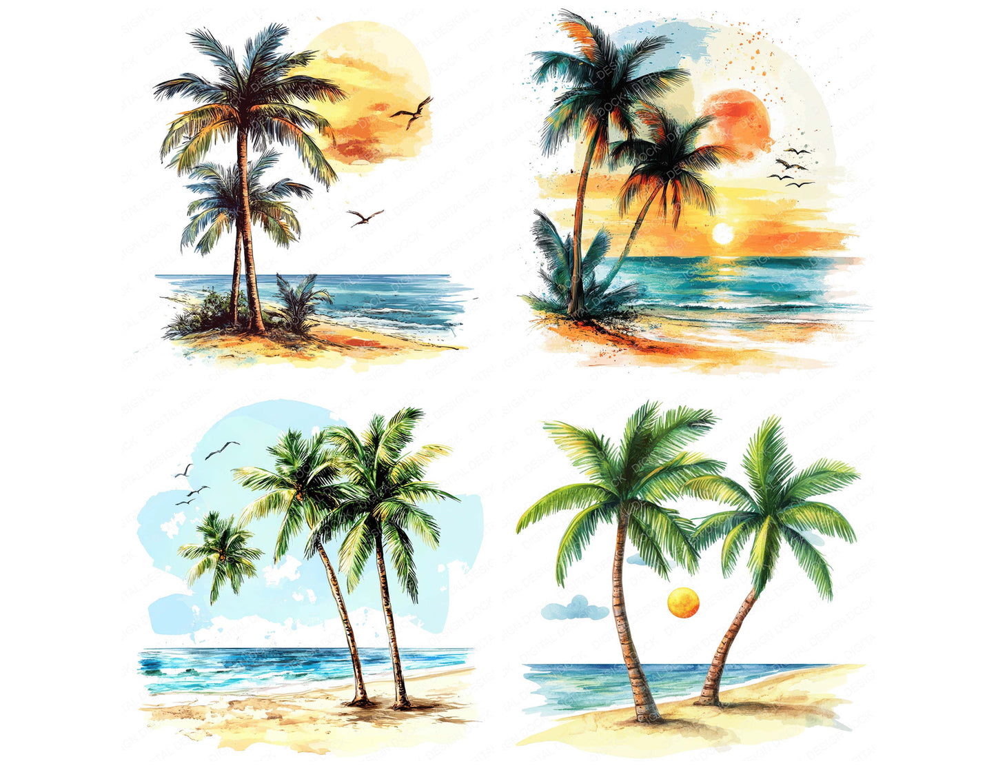 Close view of Sunny Beach Palm Trees clipart highlighting illustration detail and cohesive colour tones
