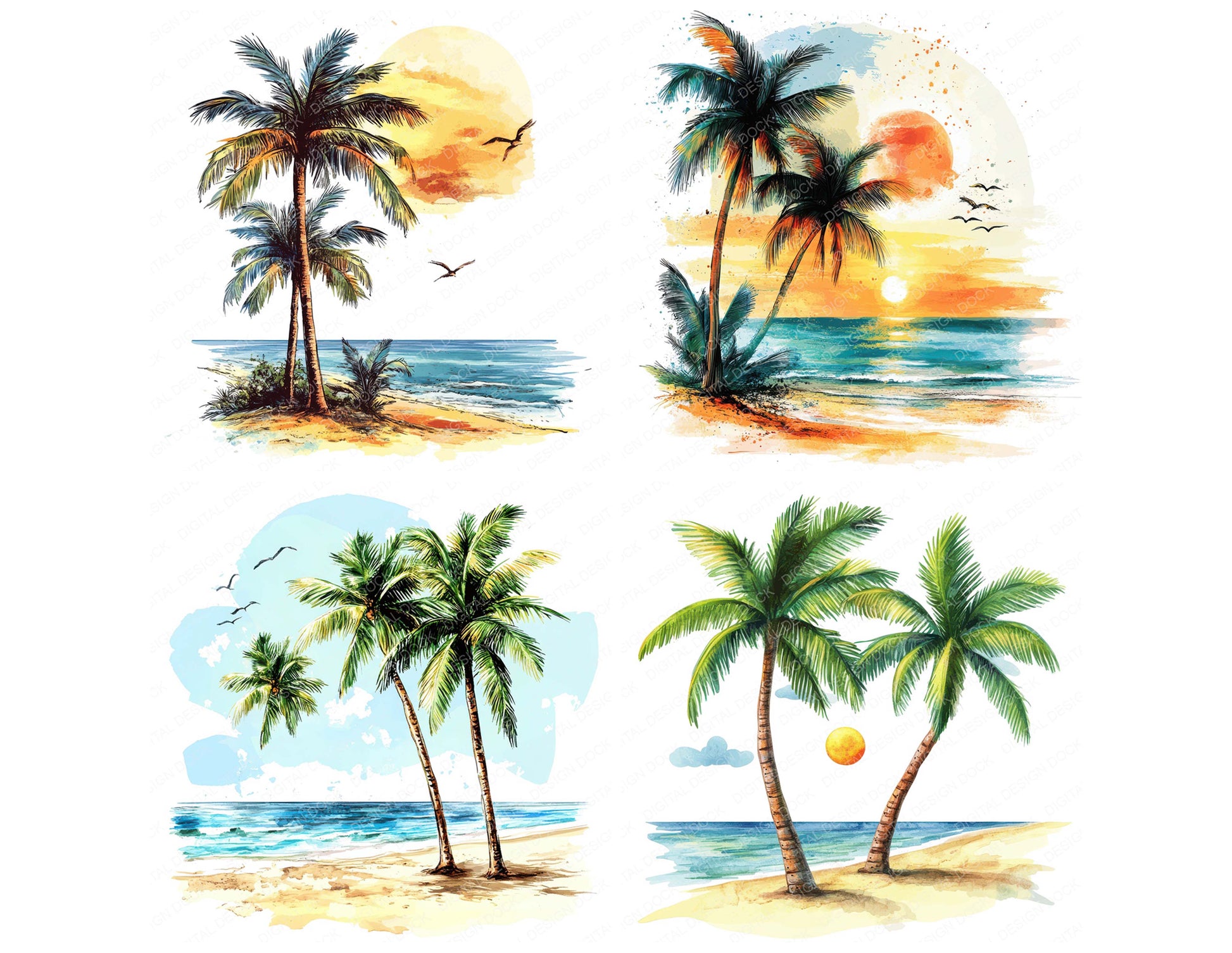 Close view of Sunny Beach Palm Trees clipart highlighting illustration detail and cohesive colour tones