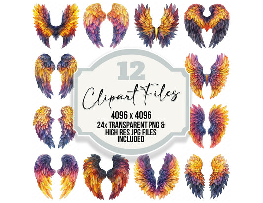 Sunset Gradient Angel Wings clipart set with transparent PNGs and high resolution JPGs for crafting and design projects
