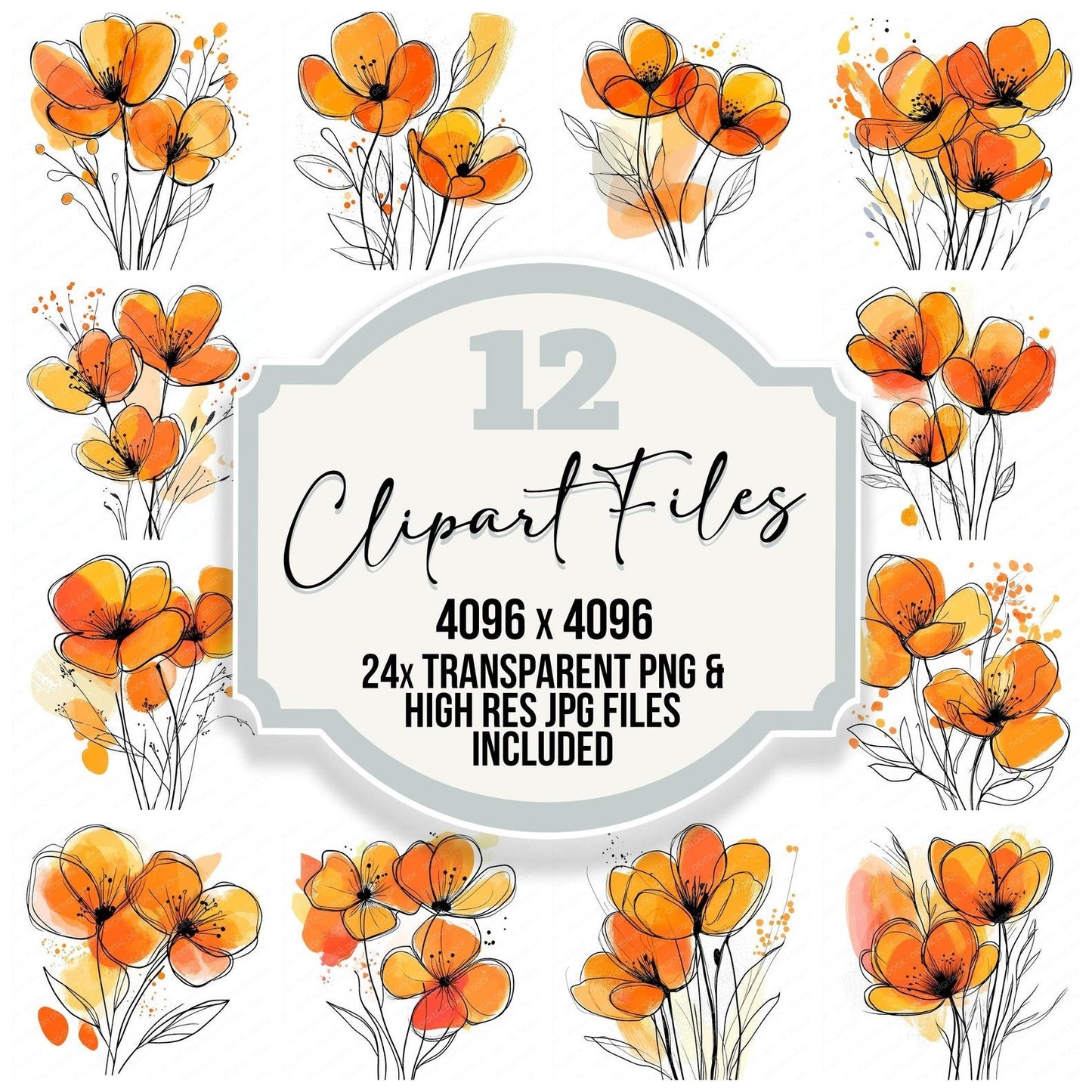 Tangerine Abstract Flowers Clipart Set (DDD006693)