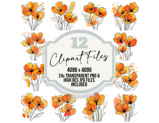 Tangerine Abstract Flowers clipart set with transparent PNGs and high resolution JPGs for crafting and design projects