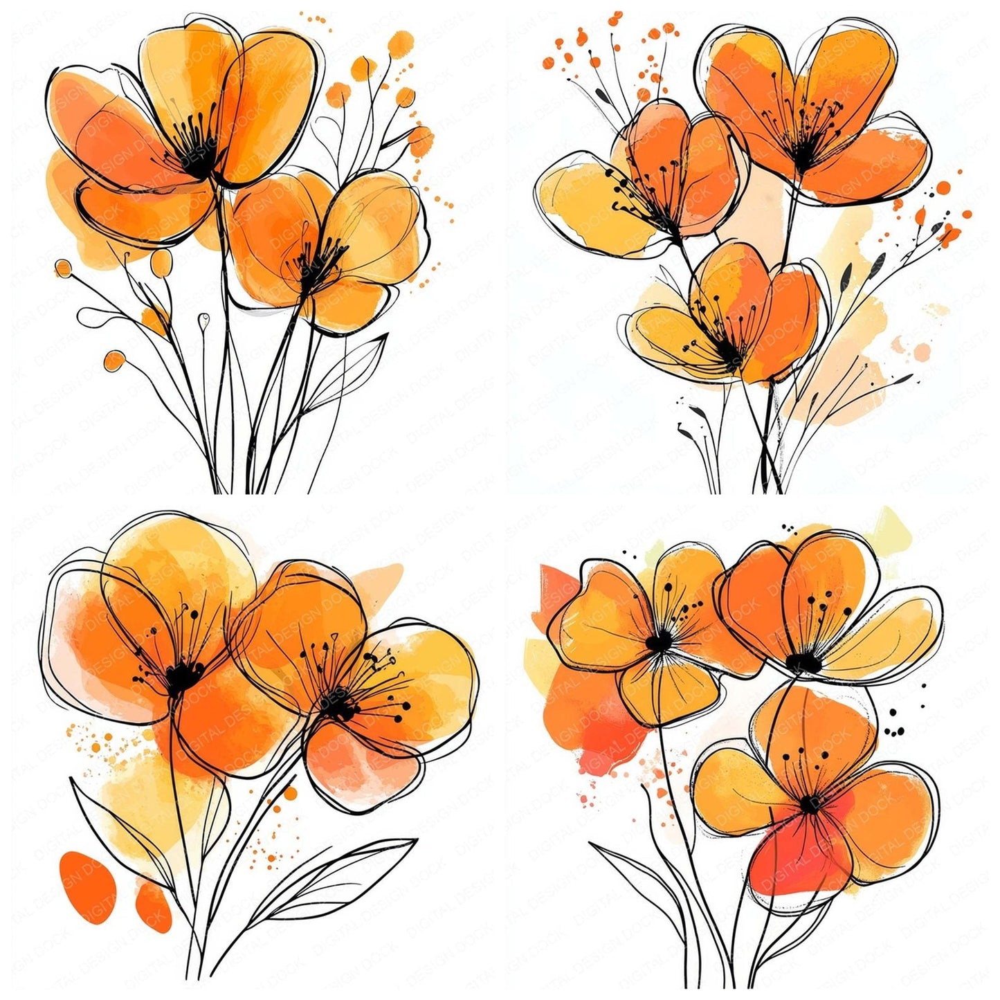 Tangerine Abstract Flowers Clipart Set (DDD006693)
