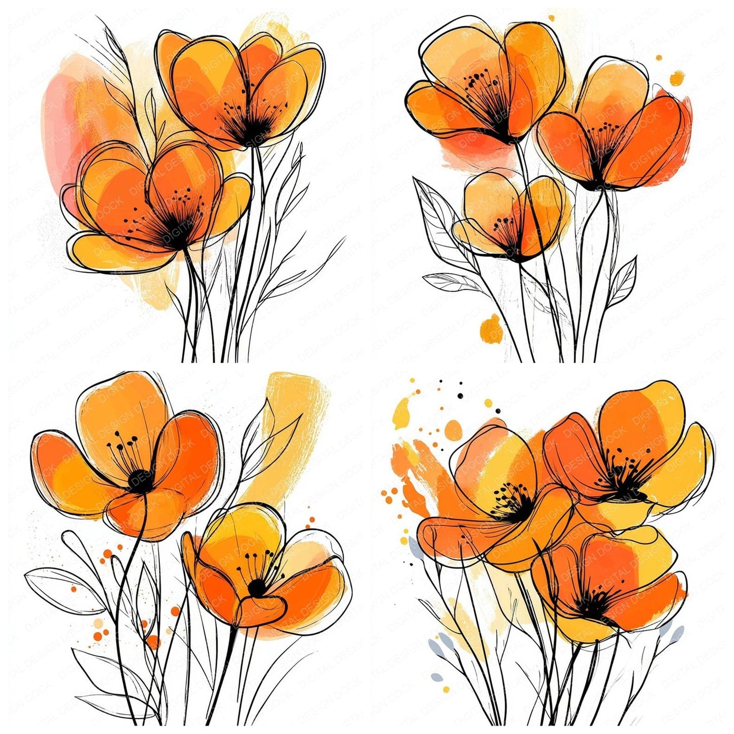 Tangerine Abstract Flowers Clipart Set (DDD006693)
