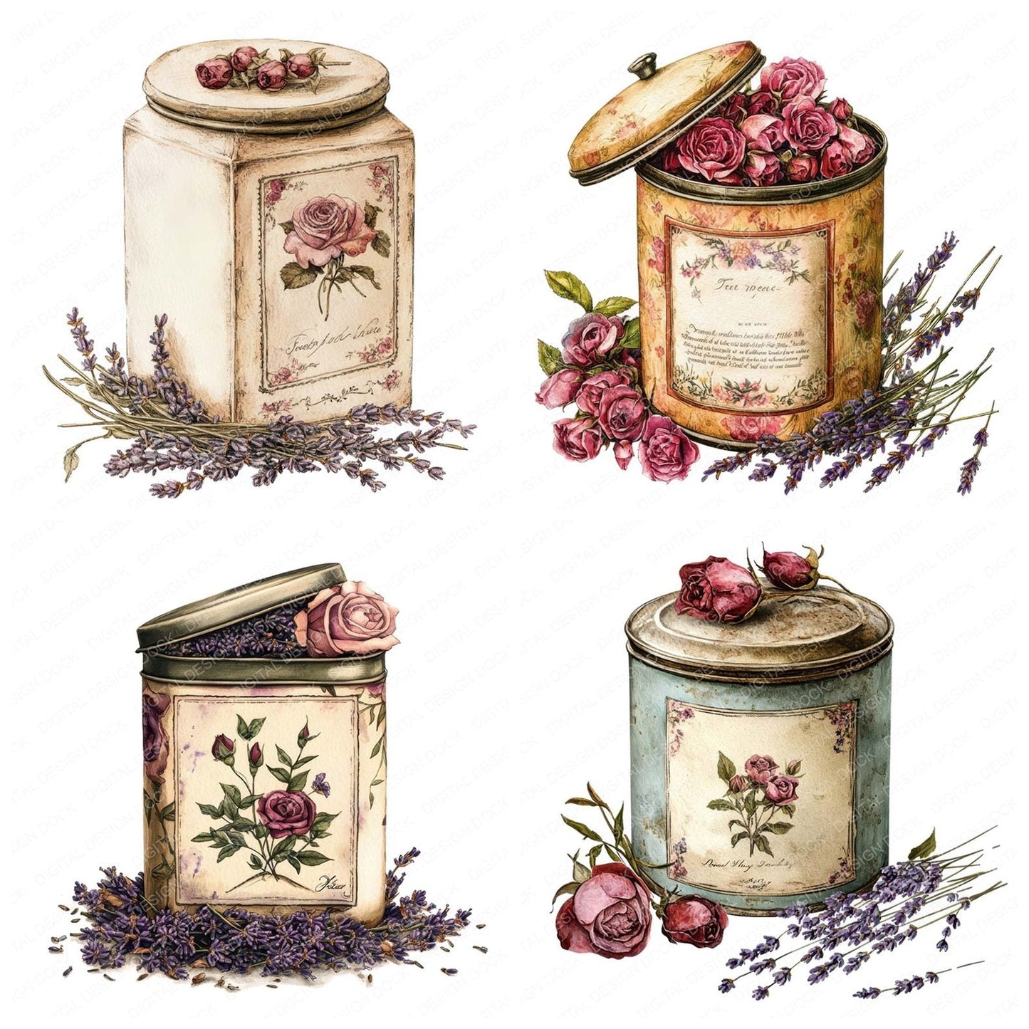 Tea Tin with Dried Flowers Clipart Set (DDD006721)