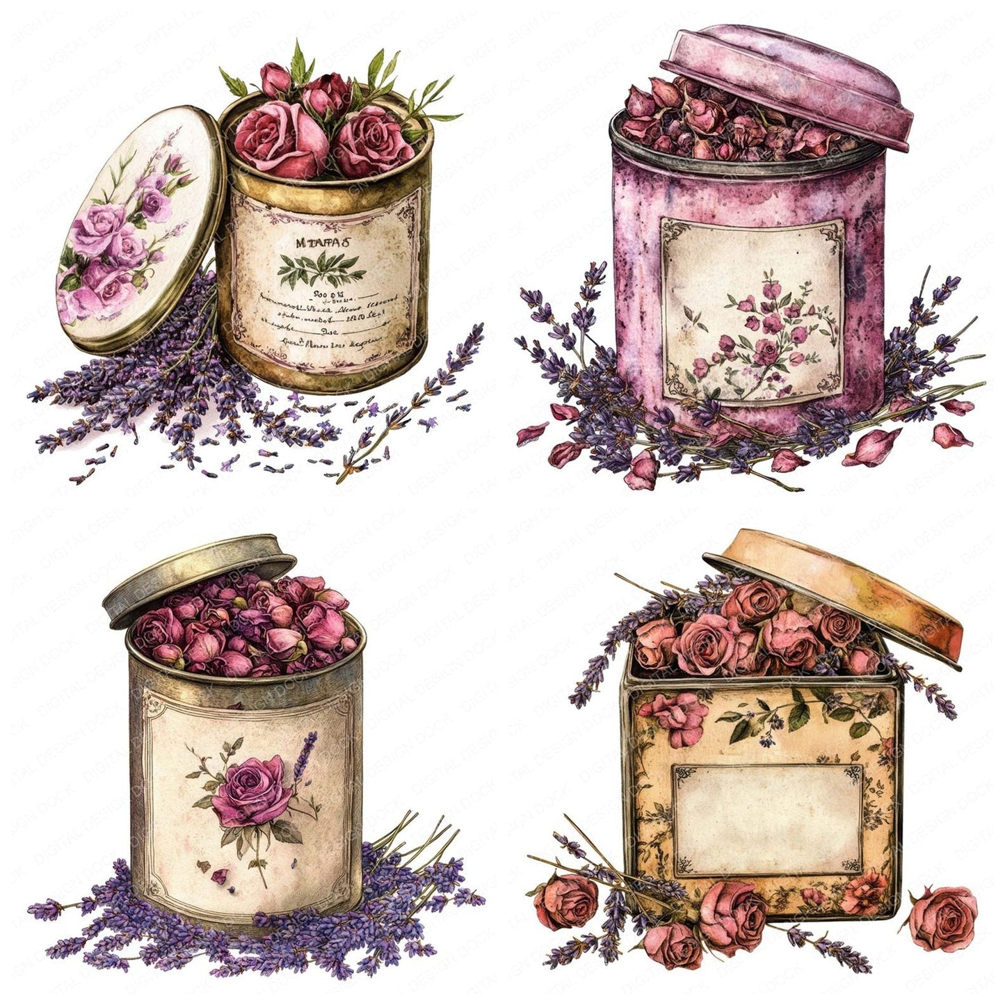 Tea Tin with Dried Flowers Clipart Set (DDD006721)