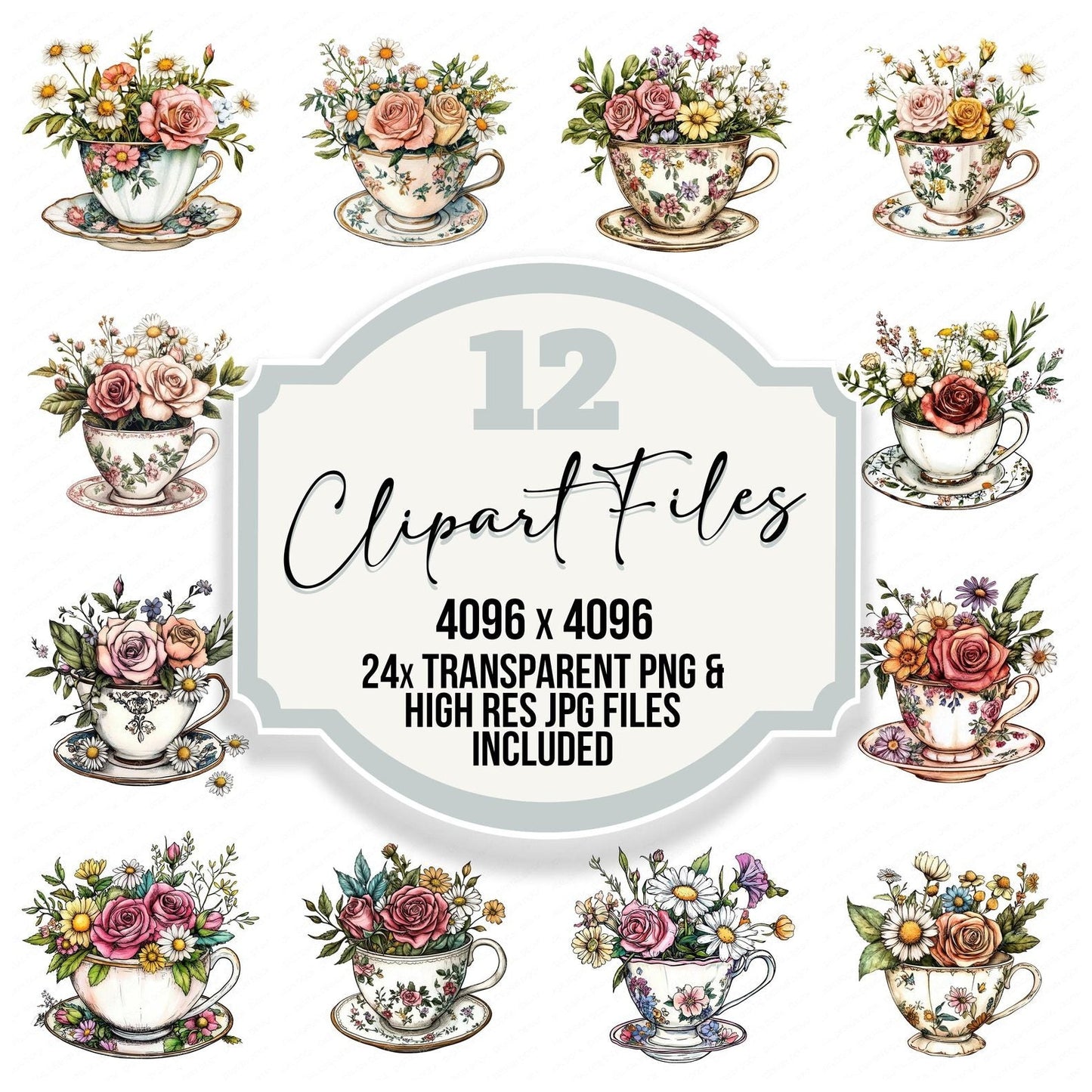 Teacup Overflowing with Flowers Clipart Set (DDD006728)