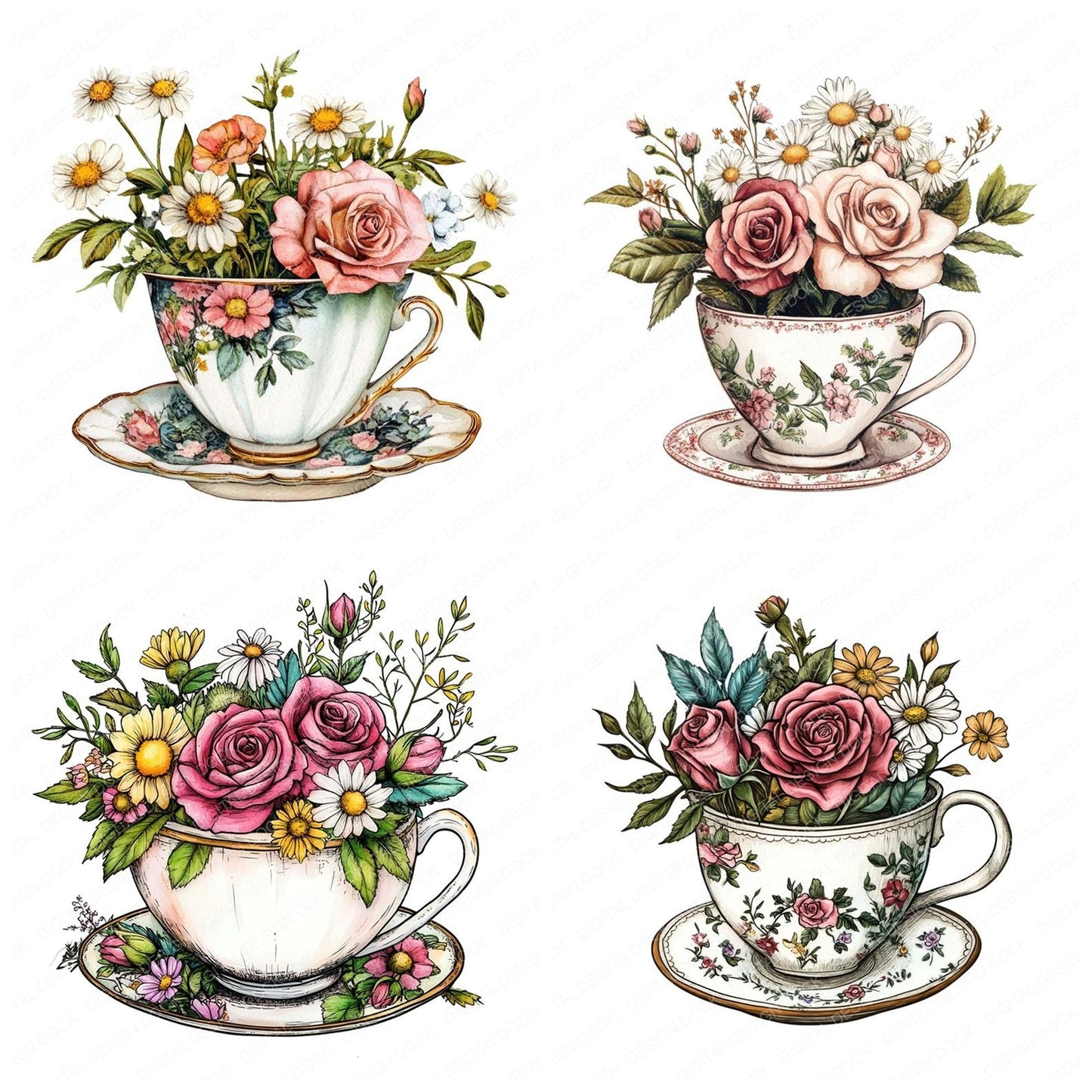 Teacup Overflowing with Flowers Clipart Set (DDD006728)
