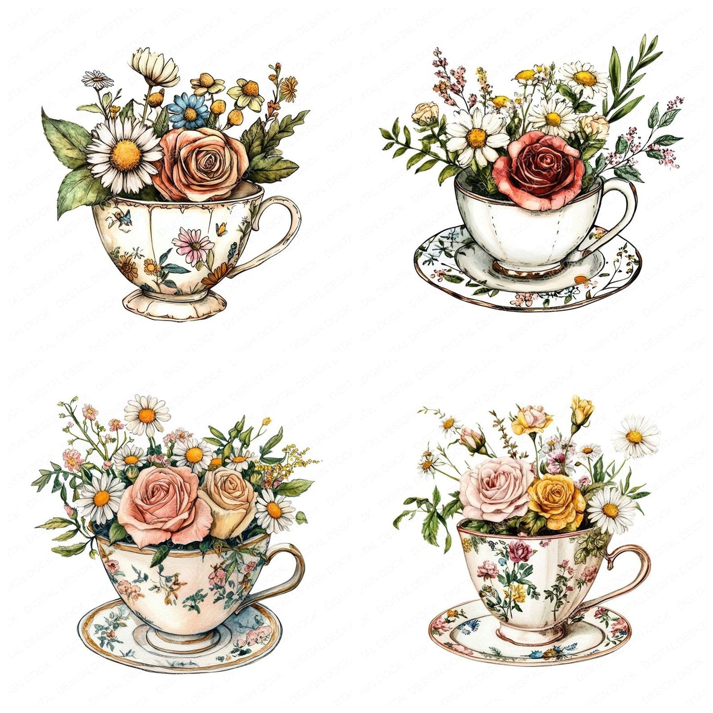 Teacup Overflowing with Flowers Clipart Set (DDD006728)