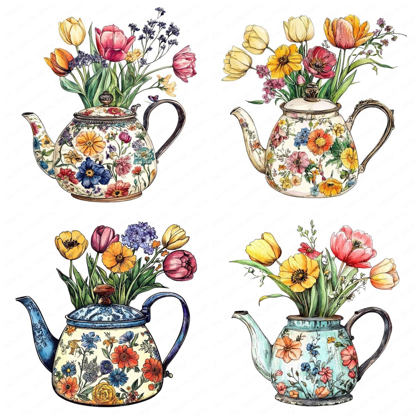 Teakettle Blooming with Flowers Clipart Set (DDD006731)
