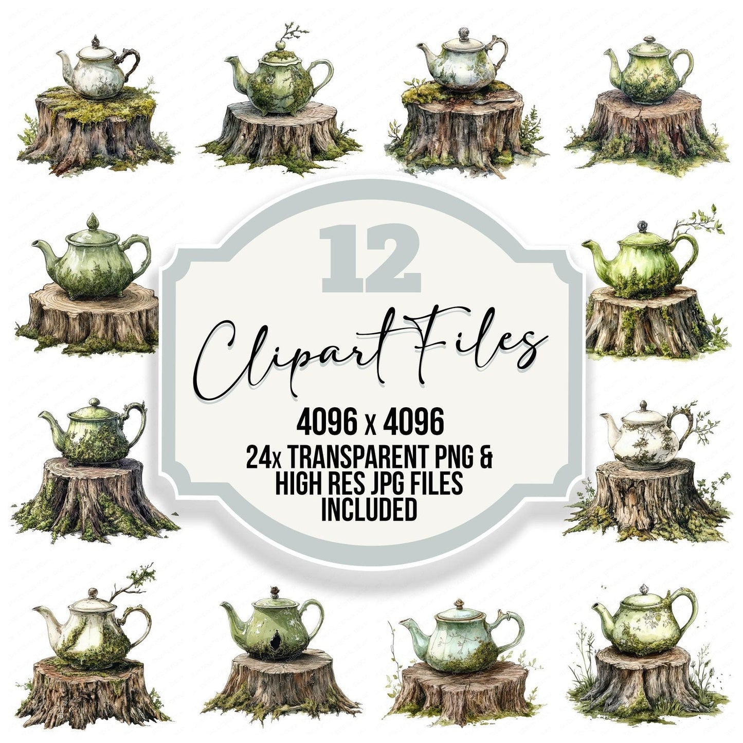 Teapot on Tree Stump Clipart Set (DDD006735)