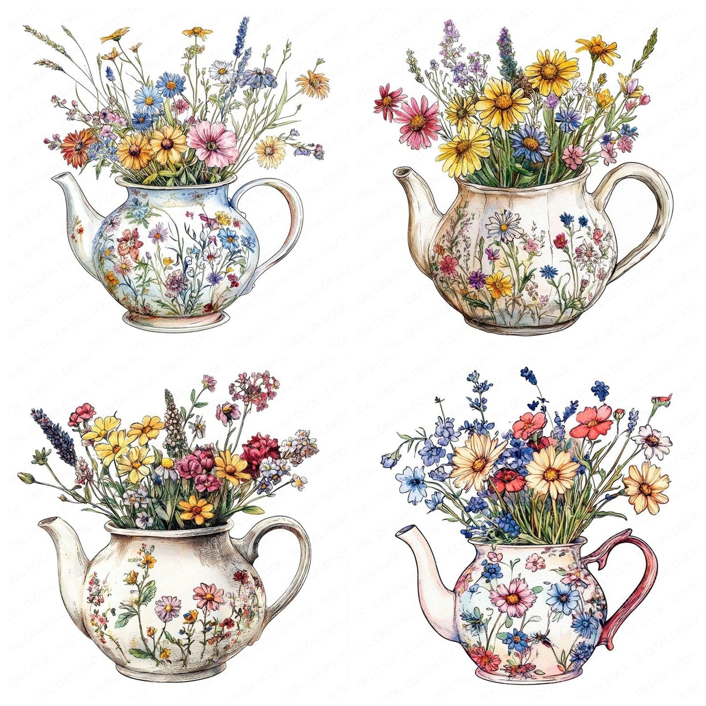 Teapot Wildflower Arrangement Clipart Set (DDD006736)