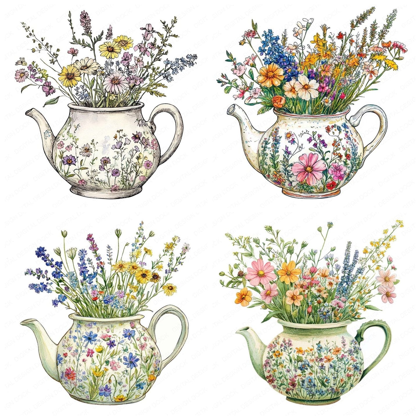 Teapot Wildflower Arrangement Clipart Set (DDD006736)