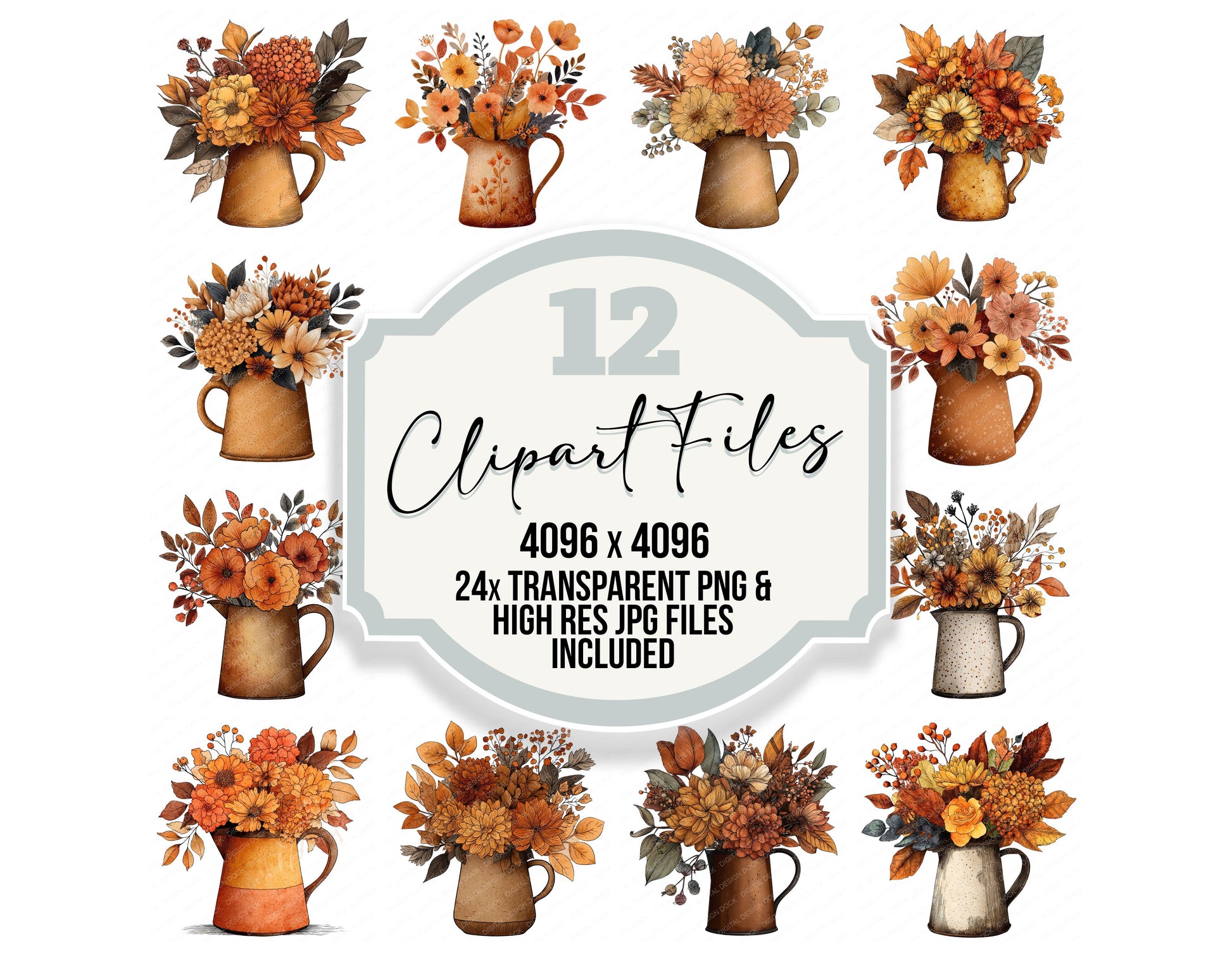 Tin Jug Autumn Bouquet clipart set with transparent PNGs and high resolution JPGs for crafting and design projects
