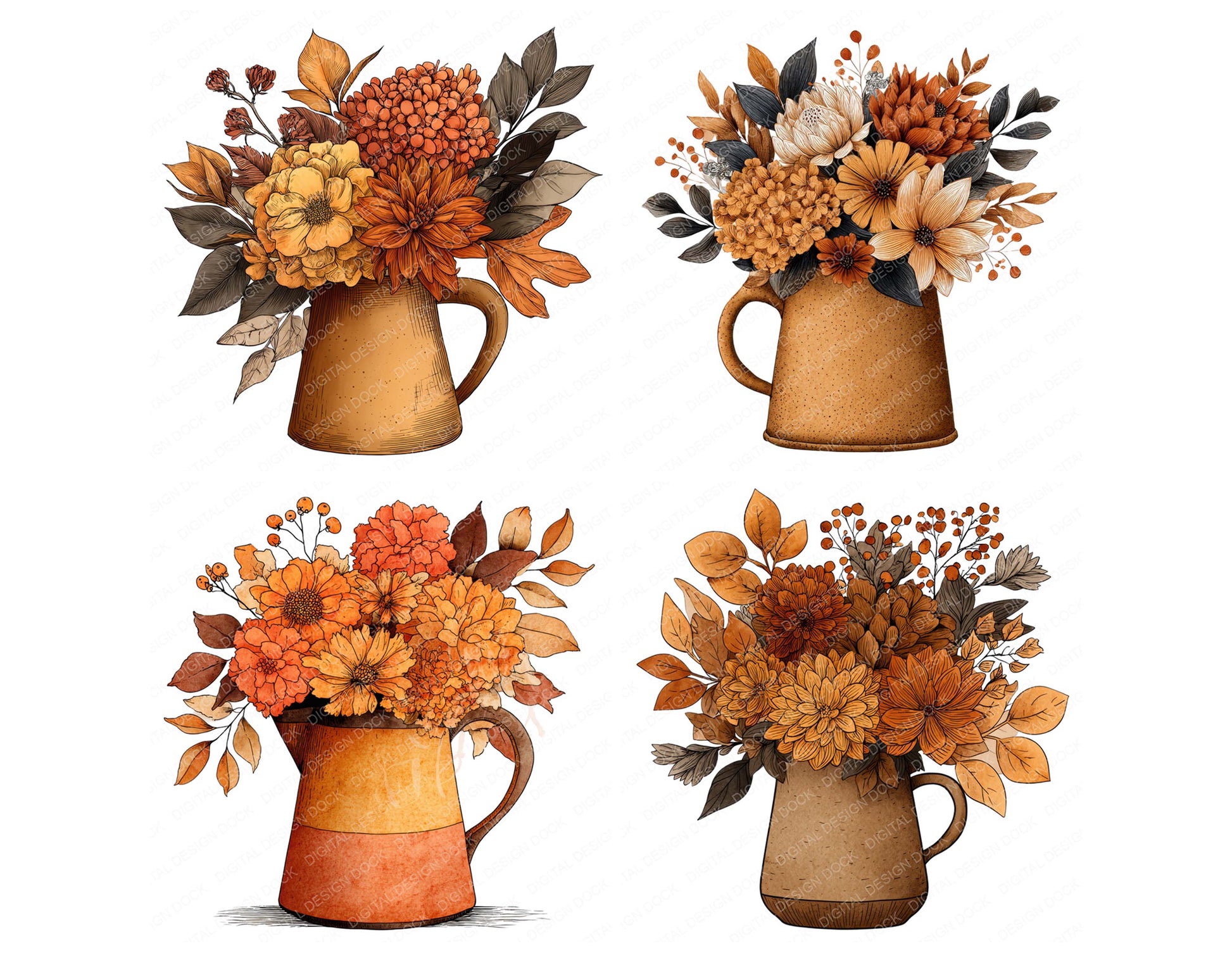 Preview layout showing Tin Jug Autumn Bouquet clipart elements for scrapbooking, junk journals, and card making