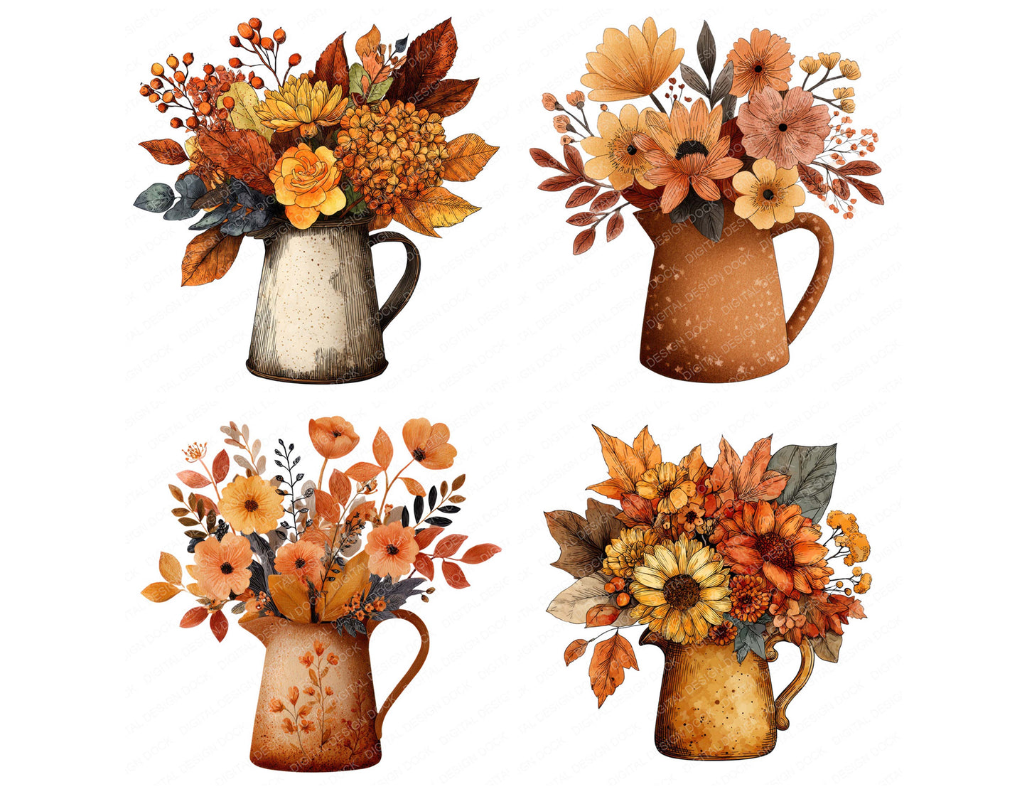 Close view of Tin Jug Autumn Bouquet clipart highlighting illustration detail and cohesive colour tones