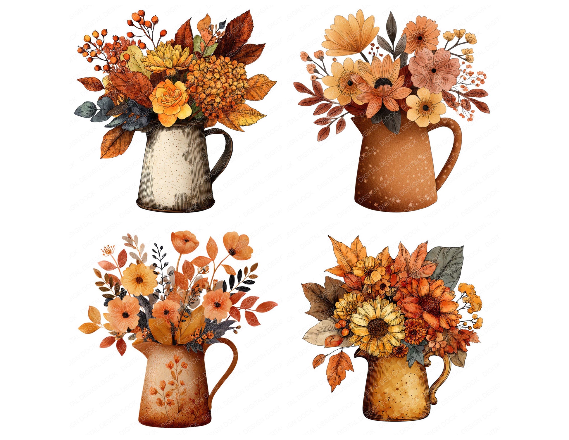Close view of Tin Jug Autumn Bouquet clipart highlighting illustration detail and cohesive colour tones