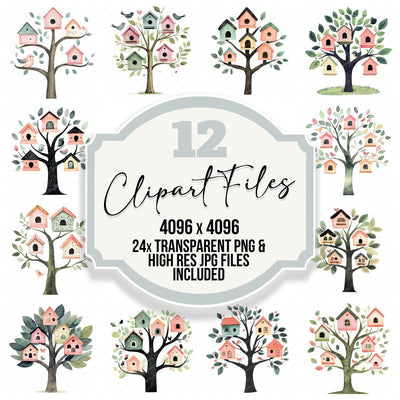 Tiny Bird Houses in Tree clipart set cover showing the designs and file details