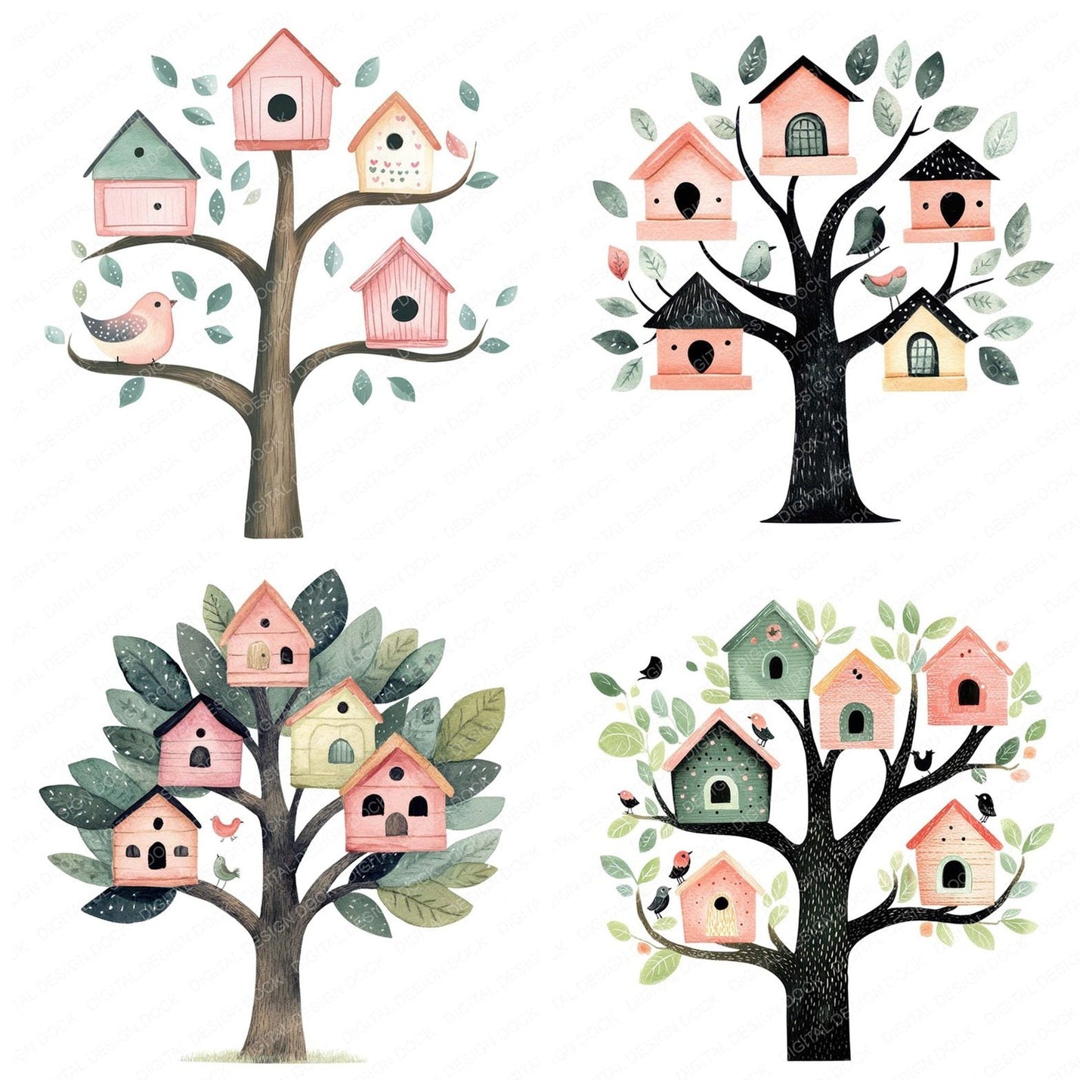 Tiny Bird Houses in Tree Clipart Set (DDD006759)