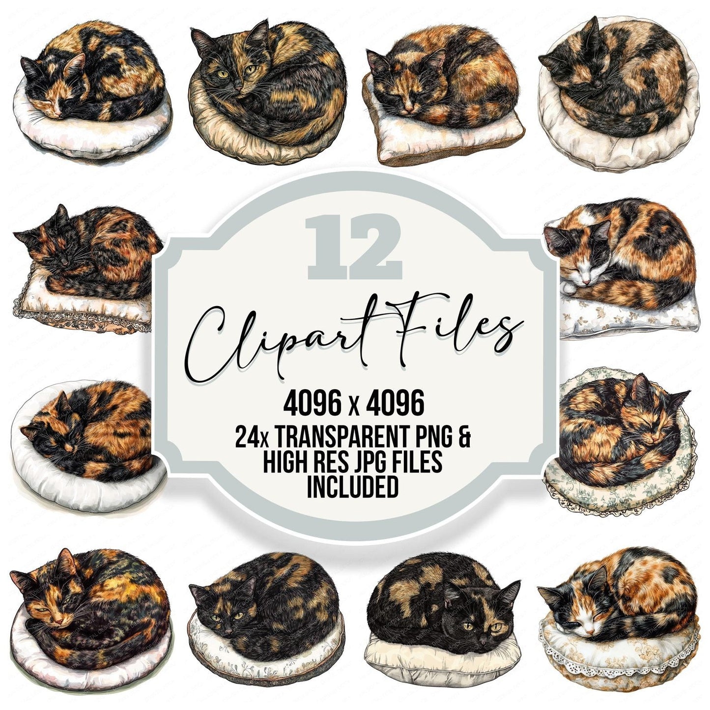 Tortoiseshell Cat on Cushion Clipart Set (DDD006764)