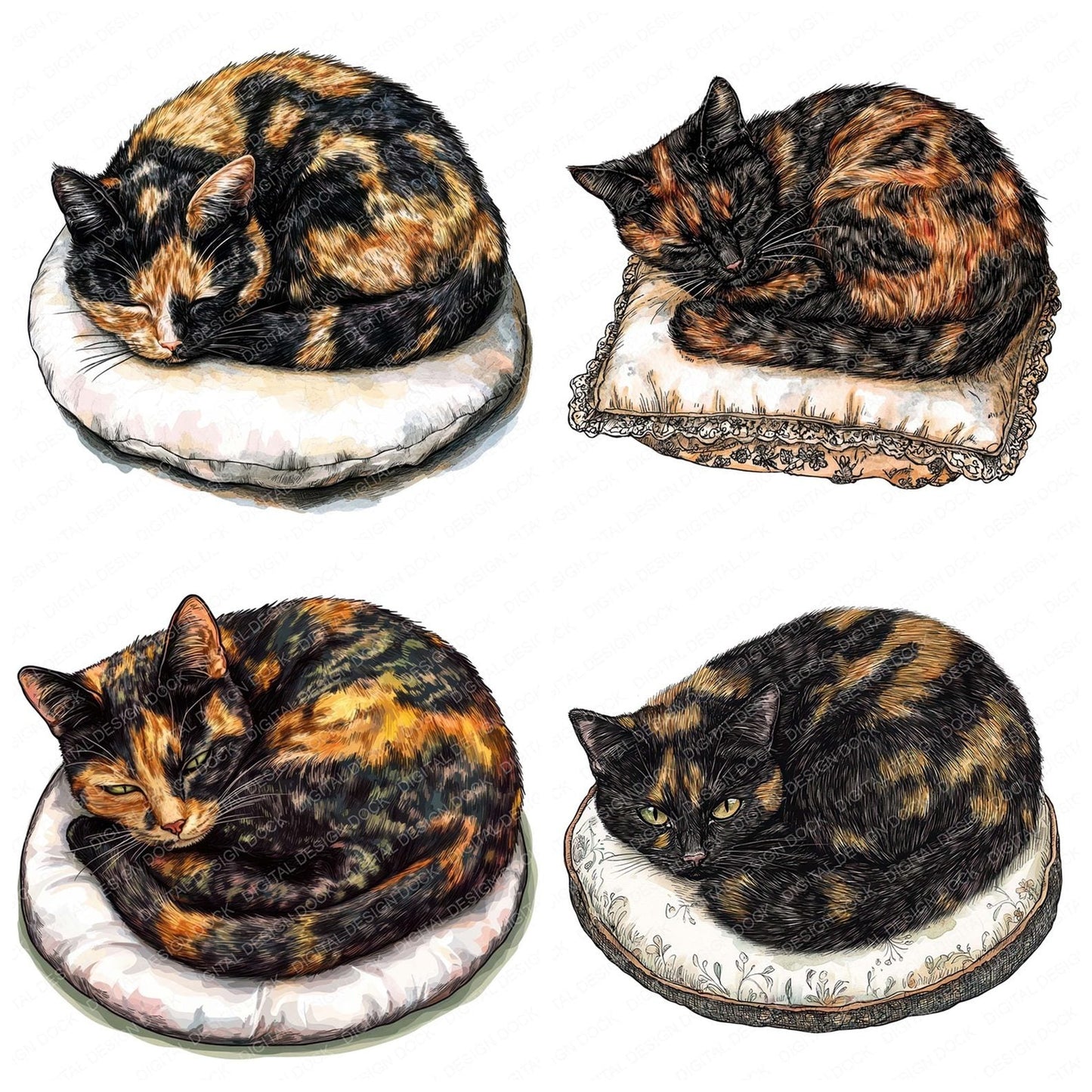 Tortoiseshell Cat on Cushion Clipart Set (DDD006764)