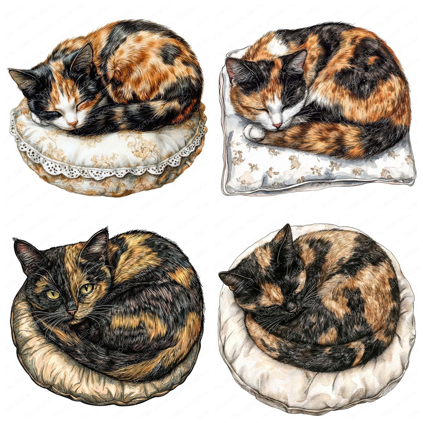 Tortoiseshell Cat on Cushion Clipart Set (DDD006764)