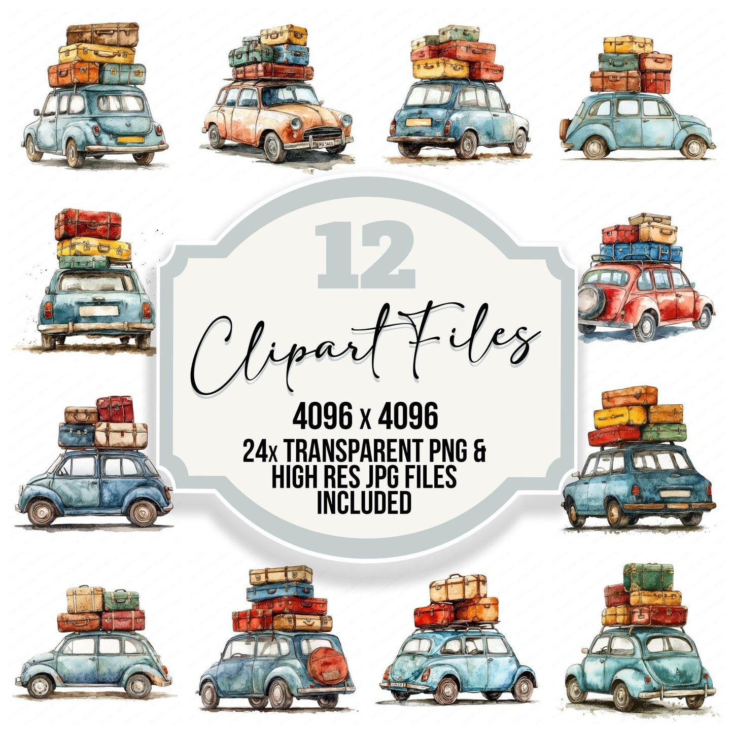 Travel Car Loaded with Suitcases Clipart Set (DDD006770)