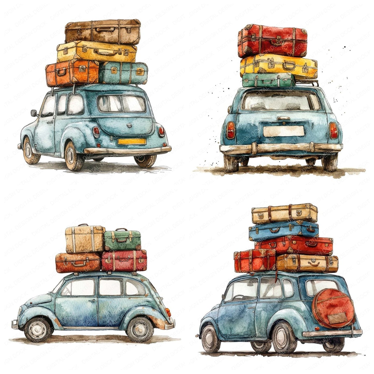 Travel Car Loaded with Suitcases Clipart Set (DDD006770)