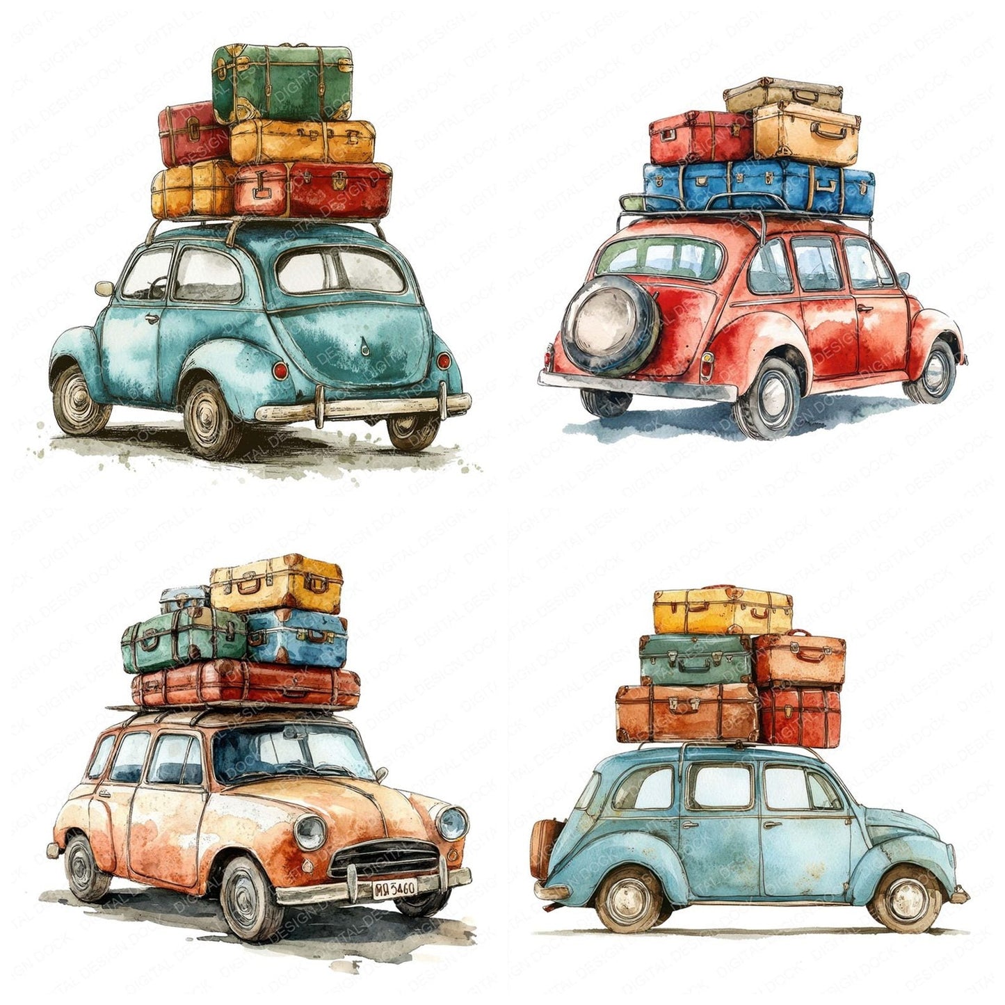 Travel Car Loaded with Suitcases Clipart Set (DDD006770)