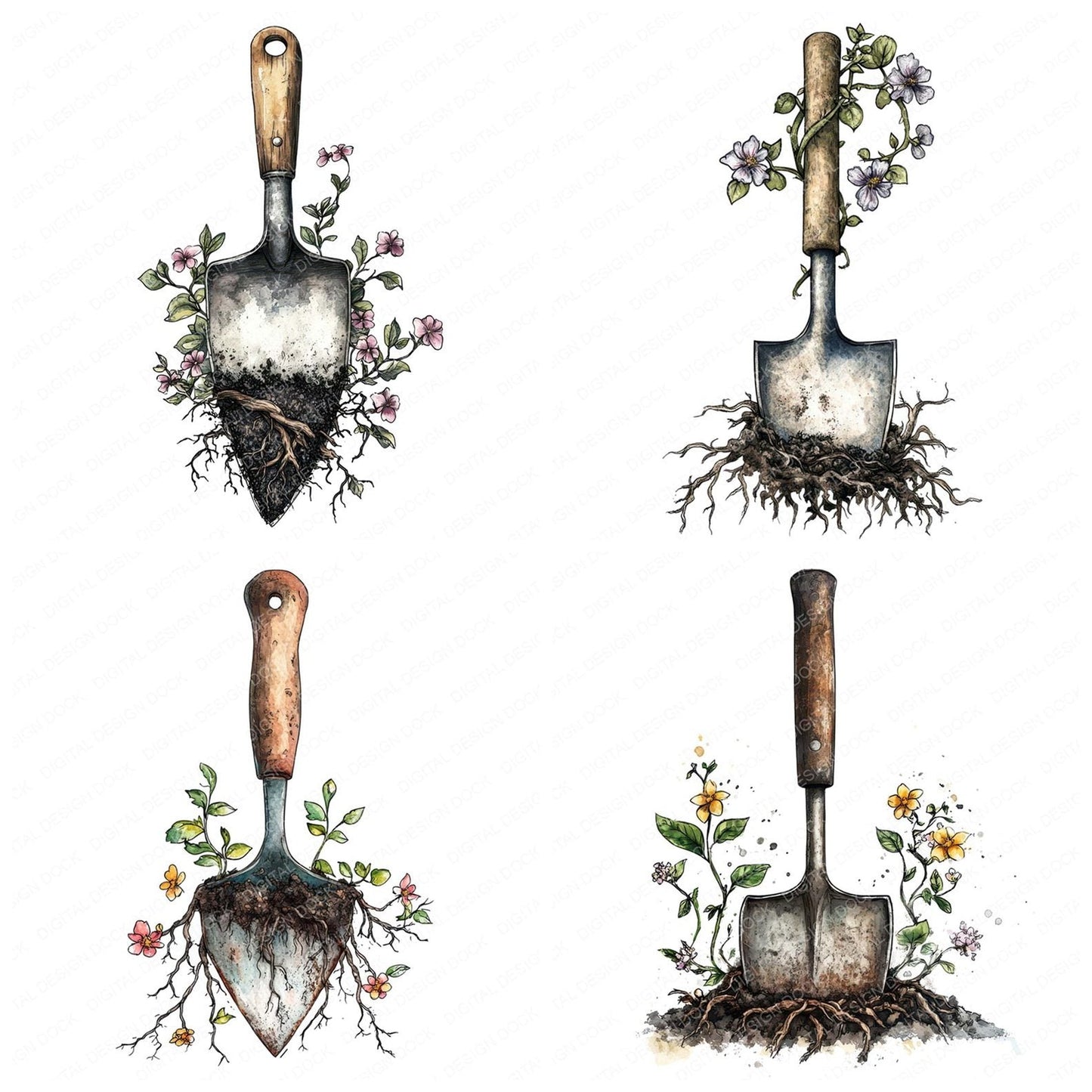 Trowel with Blooming Vines Clipart Set (DDD006786)