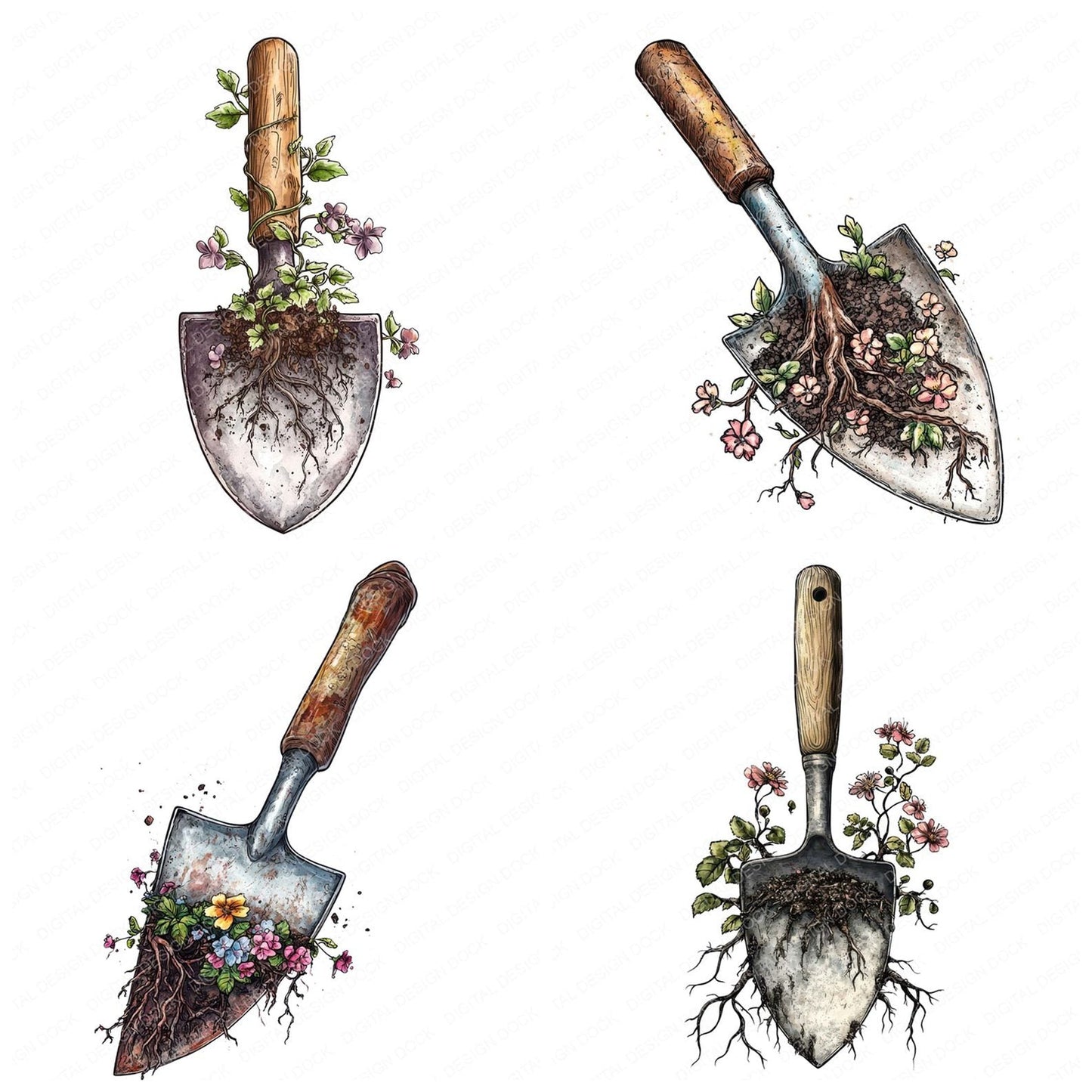 Trowel with Blooming Vines Clipart Set (DDD006786)
