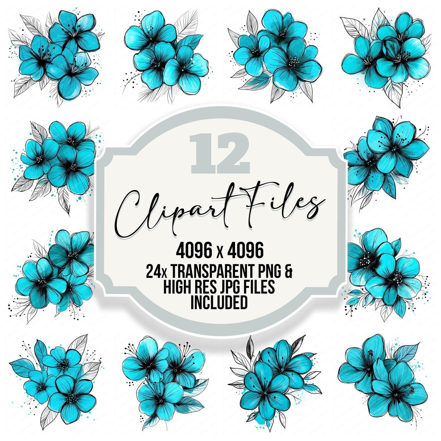 Turquoise Abstract Flowers Clipart Set (DDD006791)