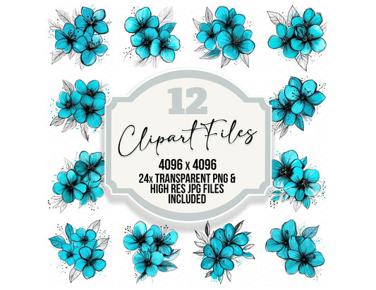 Turquoise Abstract Flowers clipart set with transparent PNGs and high resolution JPGs for crafting and design projects