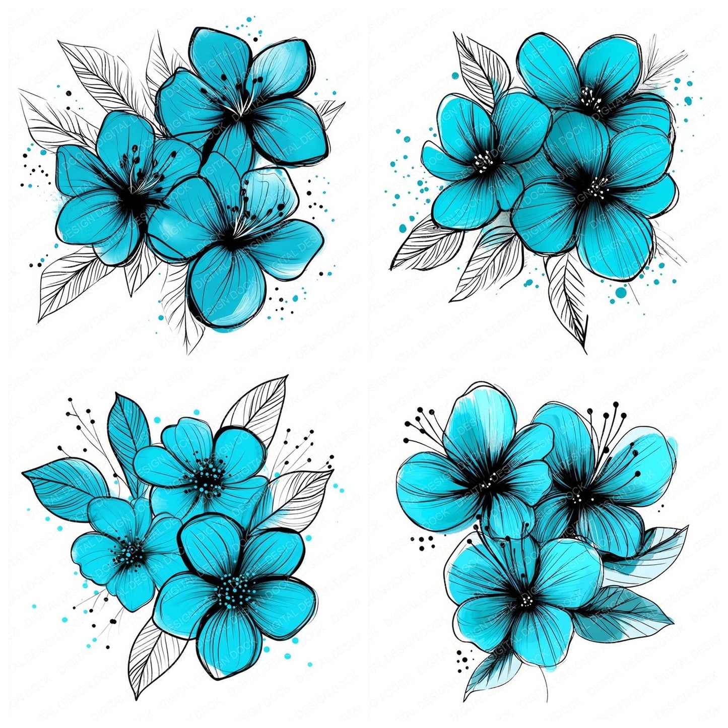 Turquoise Abstract Flowers Clipart Set (DDD006791)