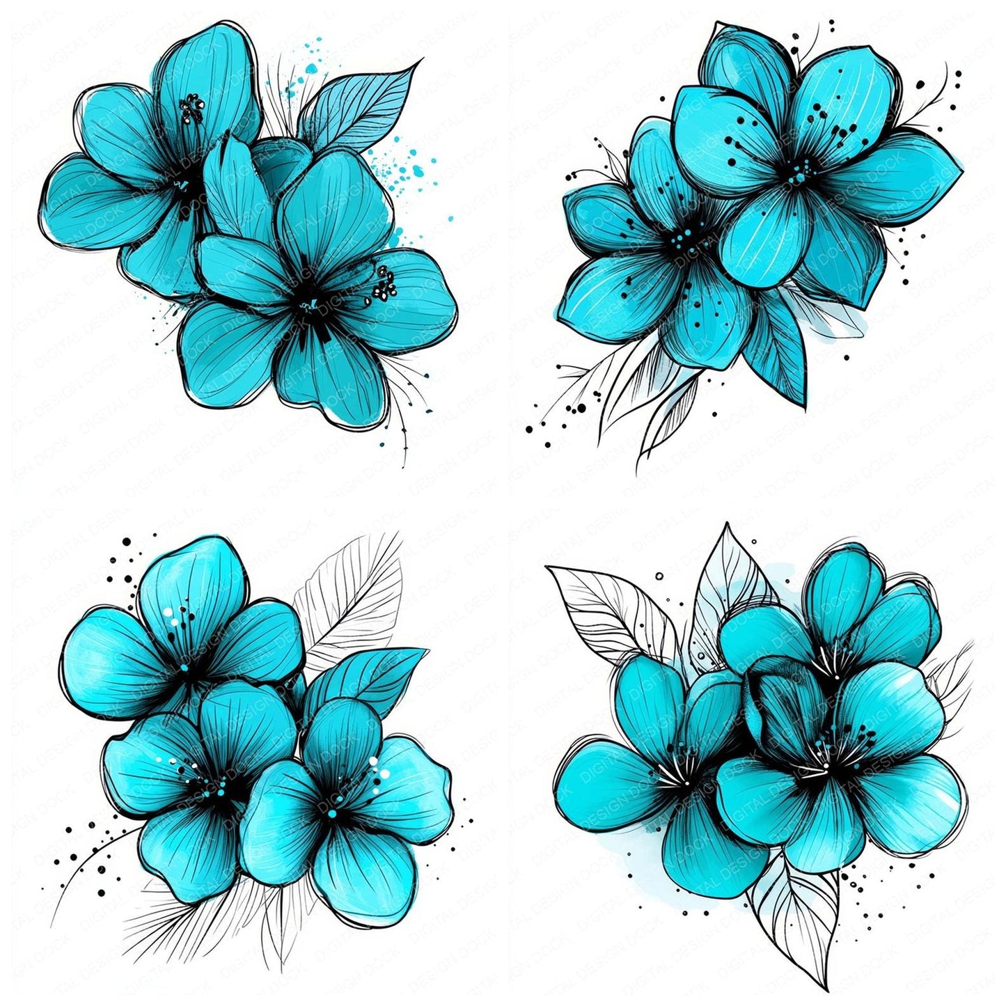 Turquoise Abstract Flowers Clipart Set (DDD006791)