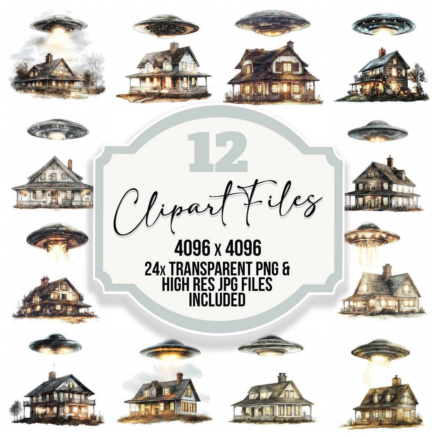 UFO Over Farmhouse Clipart Set (DDD006798)