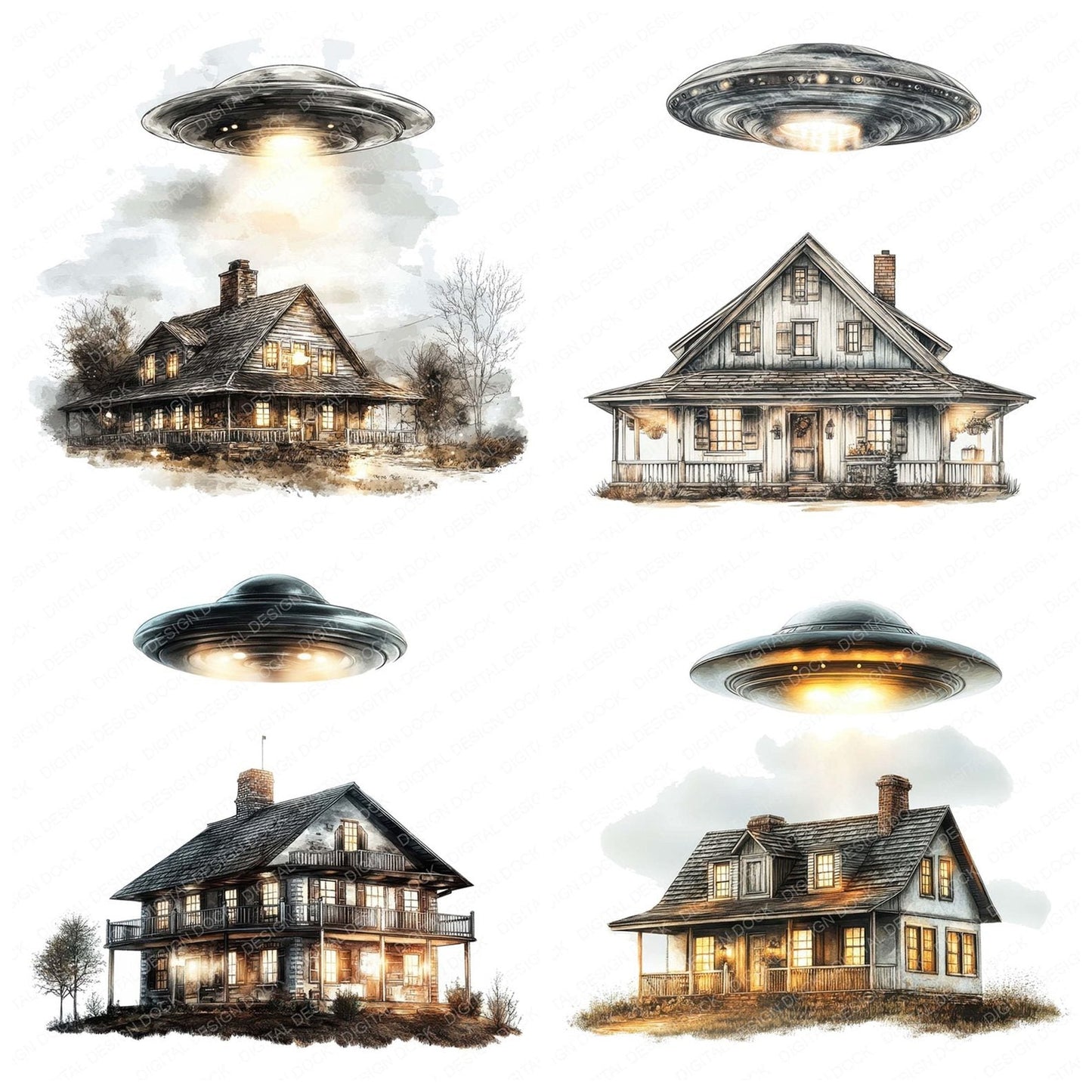 UFO Over Farmhouse Clipart Set (DDD006798)