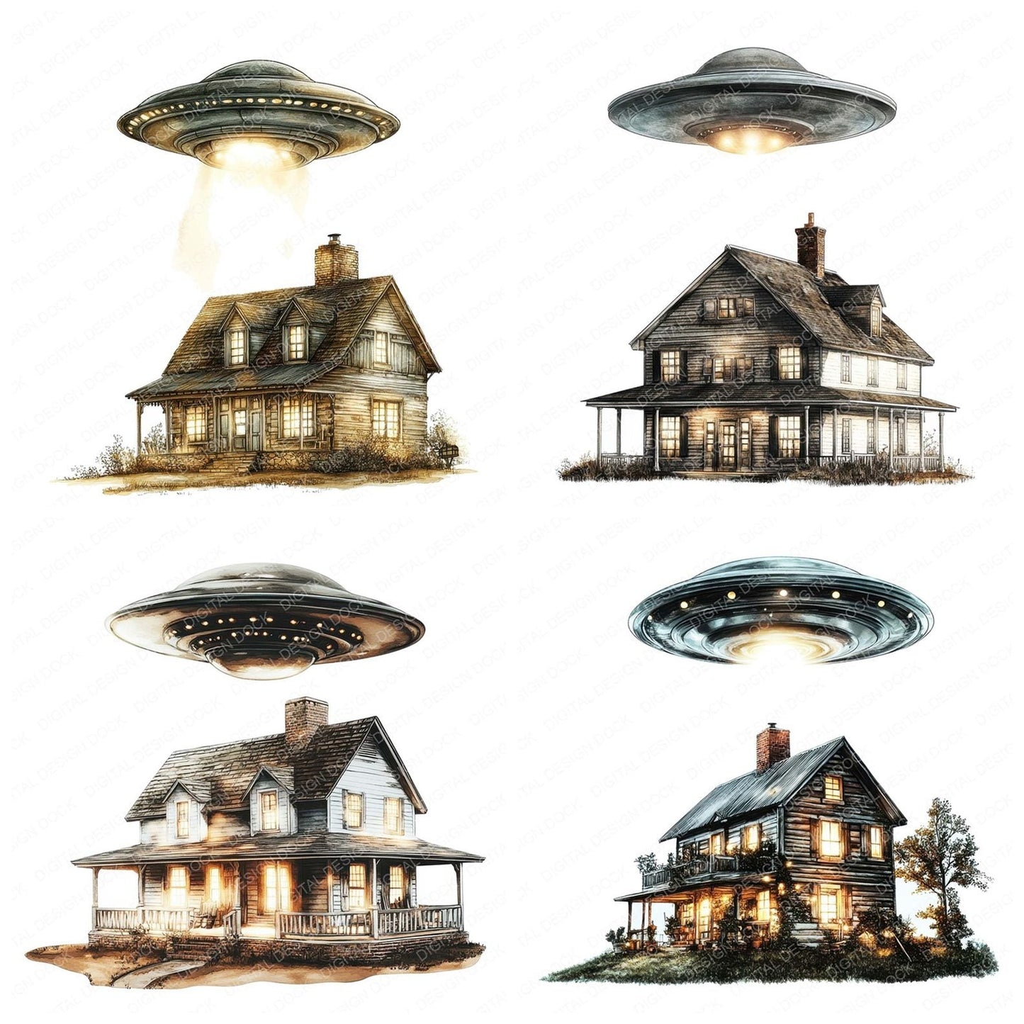 UFO Over Farmhouse Clipart Set (DDD006798)