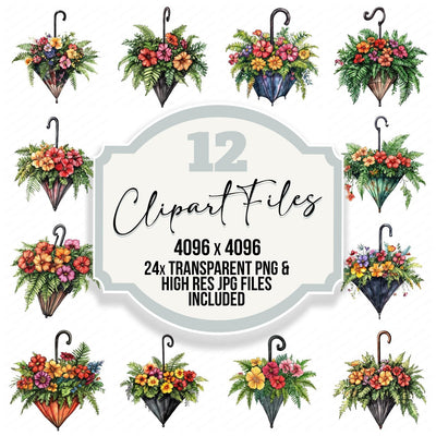 Umbrella Planter of Flowers clipart set cover showing the designs and file details