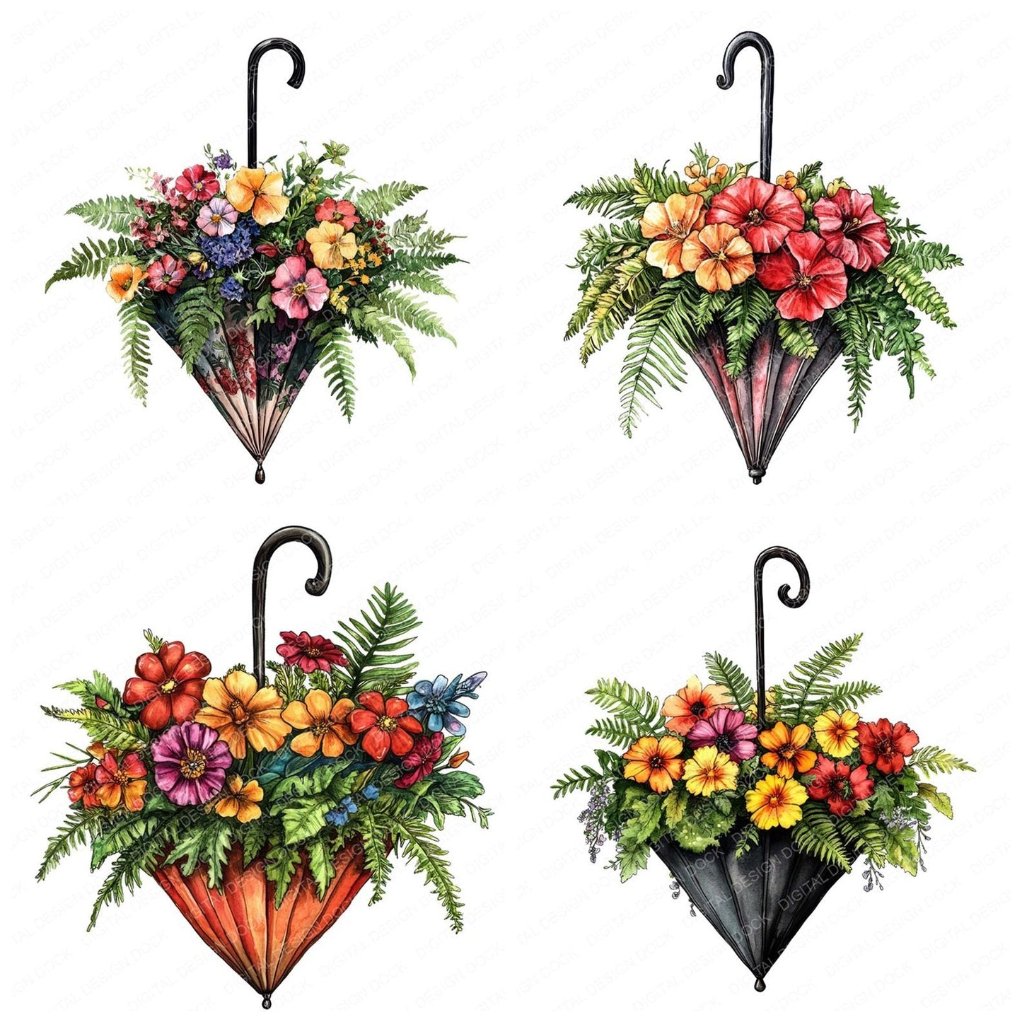 Umbrella Planter of Flowers Clipart Set (DDD006802)
