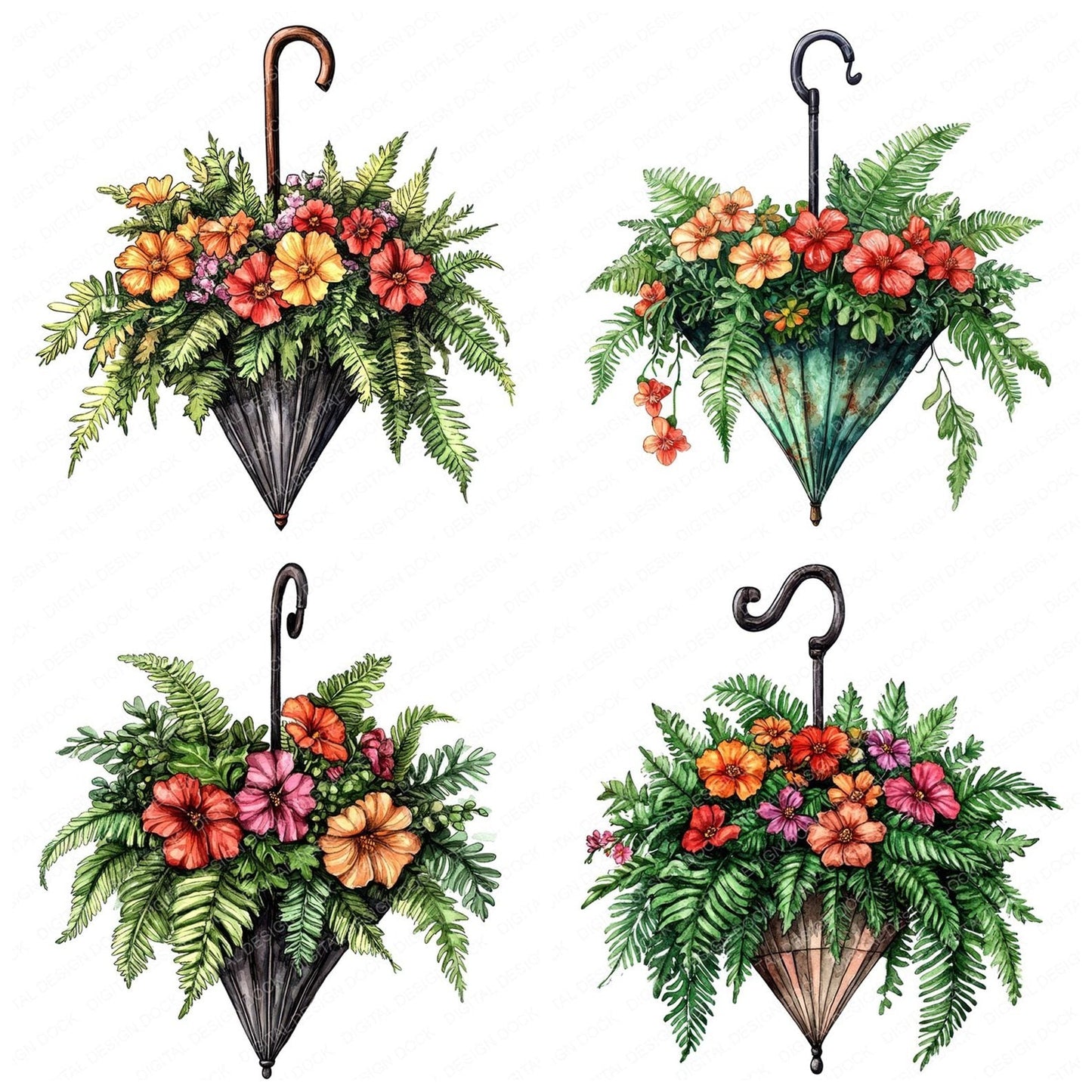 Umbrella Planter of Flowers Clipart Set (DDD006802)