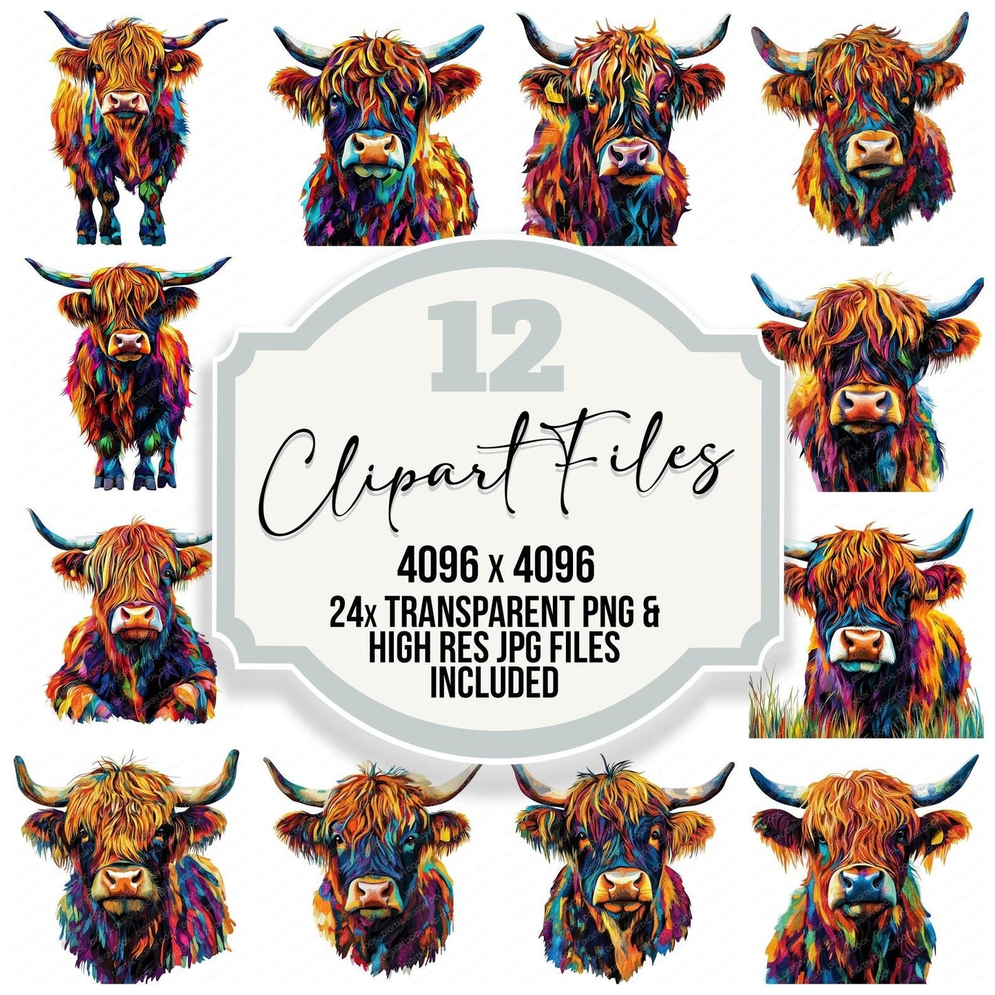 Vibrant Oil Paint Highland Cow Clipart Set (DDD006815)