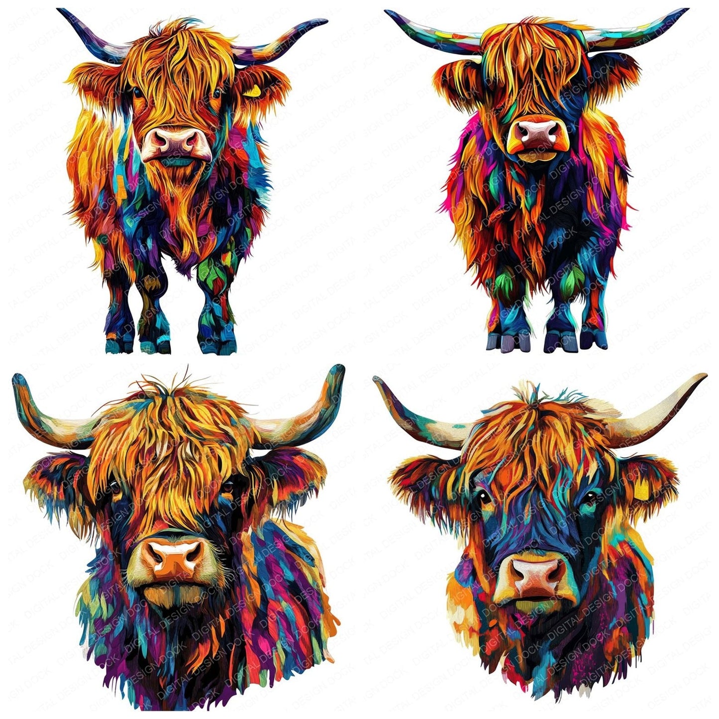 Vibrant Oil Paint Highland Cow Clipart Set (DDD006815)