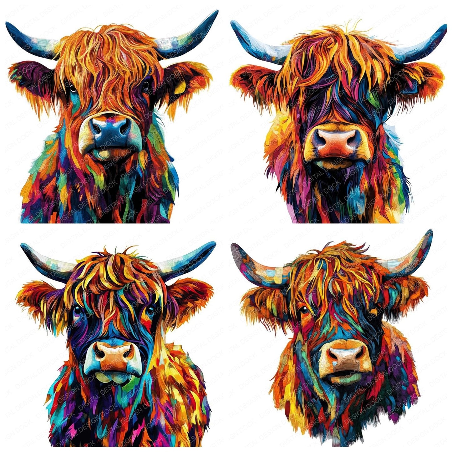 Vibrant Oil Paint Highland Cow Clipart Set (DDD006815)