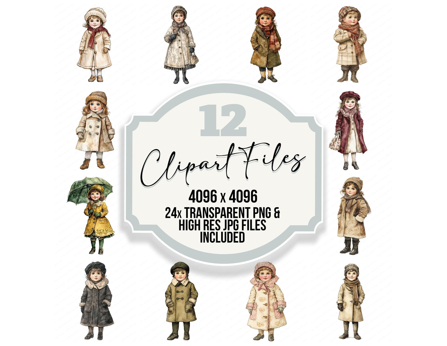 Victorian Child in Winter Coat clipart set with transparent PNGs and high resolution JPGs for crafting and design projects